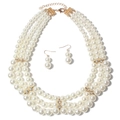 Elegant triple-layered pearl necklace and earring set with golden rhinestone accents - White