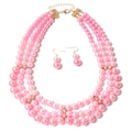 Pink multi-layer pearl necklace and earring jewelry set with gold accents - Pink