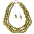 Three-layer olive green pearl necklace and earrings set with gold-tone hardware - Olive Green