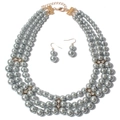Three-layer grey faux pearl necklace and drop earring set with gold accents - Gray
