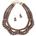 Exaggerated multi-layer bronze pearl jewelry set with matching earrings and gold-plated clasp - Dark Coffee
