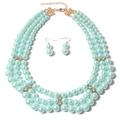 Light blue multi-layer pearl necklace and earring set with gold accents and rhinestones - Blue