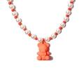Perlenhalskette mit orangefarbenem Bärenanhänger aus Harz und weißen Perlen - Orange