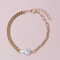 Goldenes Gliederkettenarmband mit Barockperle, Karabinerverschluss und Verlängerung - Kubanische Und Büroklammerkette Mit Perle (BR1770-11)
