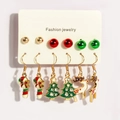 Christmas earring set with 6 pairs of gold studs, candy canes, trees, and reindeer - Reindeer Christmas Tree Style (F23640-1)