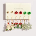 6-pair Christmas earring set with gold snowman and green wreath charms on display card - Snowman Wreath Style (F23640-2)