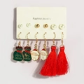 6-pair Christmas earring set with red tassels, Santa charms and green enamel drops - Santa Claus Tassel Style (F23640-4)