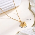 Gold star projection necklace with white zircon petals and detailed dimension specs - Six-Petal Flower Style (2264)