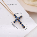 Gouden kruisketting met 40 cm ketting en blauwe peer-geslepen zirkoonsteen hanger - Saffierblauwe Peer Zirkonia Kruis Stijl (A1004)