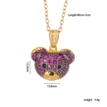 Cute bear head pendant necklace in golden finish with paved rose red cubic zirconia - Purple