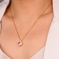 Elegant gold chain necklace featuring a pink heart crystal pendant with white zircon accents - Pink (Heart 2213)