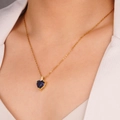 Gold heart pendant necklace with sapphire blue zircon stone worn on female neck - Dark Blue (Heart 2218)