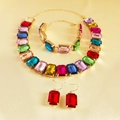 Detail of multi-color rectangular crystal jewelry set with golden chain and earrings - Multicolor