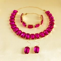 Detail of rose pink rhinestone jewelry set including necklace, bracelet and earrings - Rose Red
