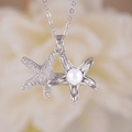 Ocean style starfish necklace with white zircons and a round imitation pearl pendant - Double Starfish Artificial Pearl Style (A1192)