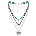 Collana bohémien a tre strati con farfalla turchese, perline blu e catena in metallo argento - Stile Farfalla a Tre Strati (NK24380)