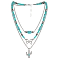 Bohemian multi-layer necklace with turquoise beads, butterfly and cactus charms in silver - Butterfly and Cactus Pendant Style (NK24360)