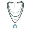 Boho layered turquoise necklace with silver chains and large horseshoe pendant - Horseshoe Pendant Style (NK24210)