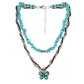 Collana multistrato bohémien con ciondolo a farfalla turchese e cordino in pelle marrone - Stile Intrecciato Farfalla con Strass (NK24420)