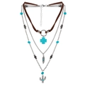 Collana bohémien a tre strati con croce turchese, piuma e ciondoli a forma di cactus - Stile Ciondolo Croce e Piuma (NK24390)