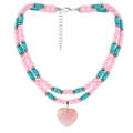 Double-layer beaded necklace with pink heart pendant and turquoise accents - Pink