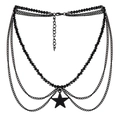 Gothic black multi-layer beaded necklace featuring a matte star pendant and metal chain - Pentagram Pendant Style (NK24810)