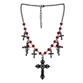 Gothische schwarze Kreuzkette mit roten Rosen und Perlen auf einer Samtkette für Damen - Schwarz