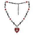 Gothic red heart necklace with devil eye and silver rose on barbed wire chain - Red