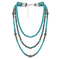 Bohemian multi-layer necklace with turquoise beads and silver metal charms - Triple Layer Disc and Stone Style (NK24170)