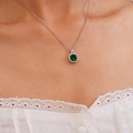 Elegant silver necklace featuring a round green gemstone pendant with white zircon halo - Dark Green Square Gemstone Necklace (A1225)