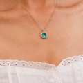 Silver necklace with emerald green rectangular pendant and shimmering zircon pavé border - Lake Blue Square Gemstone Necklace (A1230)