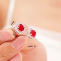 Elegant 9.8mm square red zircon stud earrings with silver metal and halo design - Red Zirconia Stud Earrings (A1224)