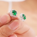 Elegant emerald-cut green stone earrings with silver octagon zircon settings - Dark Green Zirconia Stud Earrings (A1225)