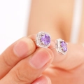 Octagon cut purple zircon halo stud earrings with silver plating for women - Purple Zirconia Stud Earrings (A1226)