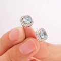 Hexagonal sterling silver stud earring with light blue round gemstone and pavé zircon - Pale Blue Zirconia Stud Earrings (A1232)