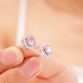 Octagon silver stud earrings with a pink zircon center and white micro-pave stones - Pink Zirconia Stud Earrings (A1234)