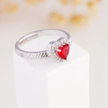 Adjustable silver ring with heart-shaped red zircon and sparkling crystal halo - Halo Heart Style (Red 113)