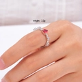 Adjustable silver ring featuring a red heart-shaped zircon and sparkly side stones - White Zircon Accent Style (Red 110)