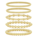 Set of 5 polished gold bead stretch bracelets with different bead sizes on white background - Gold Round Bead Bracelet Set (NK27880-1 Gold) / Gold