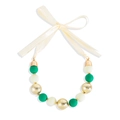 Christmas beaded necklace with green and gold acrylic beads and cream ribbon bow tie - White