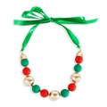 Christmas necklace with red green frosted beads and gold accents plus green silk ribbon bow - Green