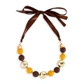 Colorful acrylic bead necklace with yellow and brown beads and dark silk ribbon tie - Dark Brown