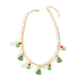 Christmas gold paperclip necklace featuring green tree charms and red beads for women - Paperclip Chain Tree (NK26300-1)