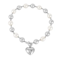 Punk heart charm necklace with white pearls and frosted silver beads featuring toggle clasp - Silver