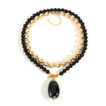 Double-layer beaded necklace with black drop pendant and gold metallic beads - Gold