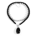 Double-layer beaded necklace with black teardrop pendant and silver toggle clasp - Silver