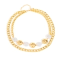 Double-layered gold alloy chain necklace with irregular white round charms - Gold