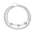 Silver double-layer chunky curb chain necklace with hammered metal disc charms - Silver
