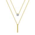 Minimalist gold double layer necklace with round zircon and vertical bar pendant charms - Zirconia Stick