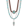 Bohemian multi-layer necklace with turquoise beads and silver feather pendant - 3-Layer Feather Pendant Necklace (NK28670-1)